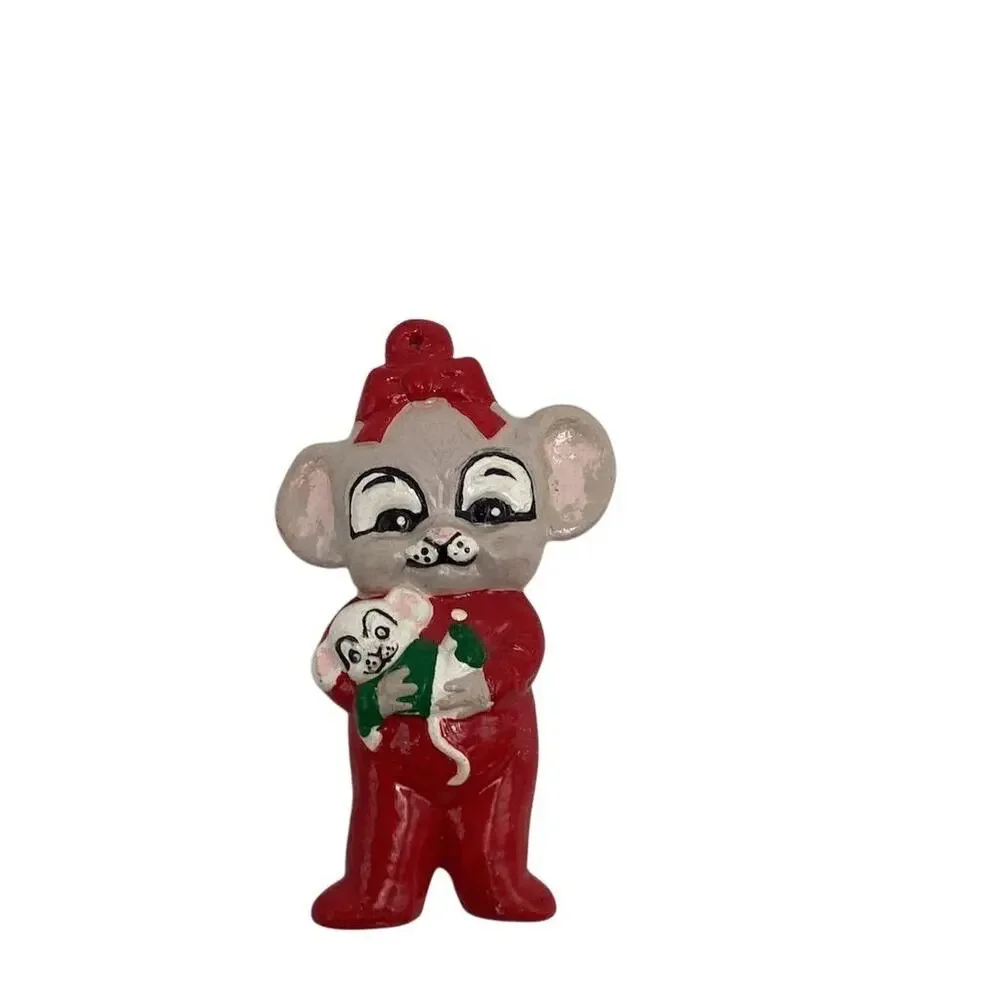 Vintage Hand Painted Christmas Mouse Ornament‎ 3.5 Red Ceramic